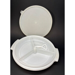 Vtg White Tupperware Suzette Relish/Candy Dish 3 Compartments w/Lid & Handle
